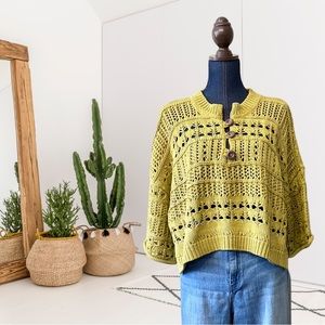 Free People Dreams Tonight Open Knit Henley Crop Sweater